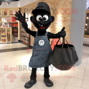 Black Paella mascot costume character dressed with a Denim Shirt and Tote bags
