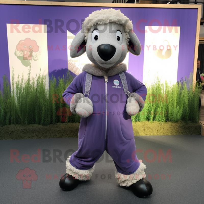 Lavender Suffolk Sheep mascot costume character dressed with a Jumpsuit and Anklets