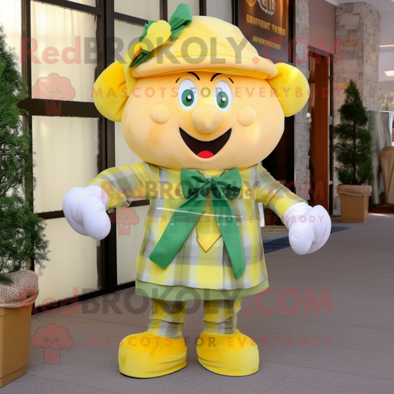 Lemon Yellow Leprechaun mascot costume character dressed with a Flannel Shirt and Bow ties