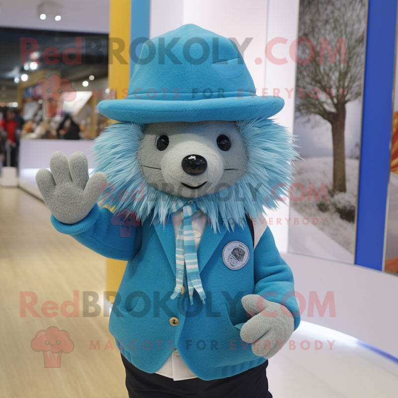 Cyan Porcupine mascot costume character dressed with a Oxford Shirt and Hat pins