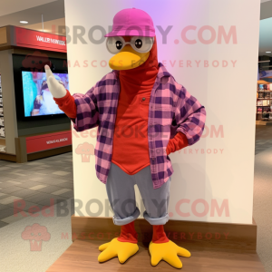 Magenta Gull mascot costume character dressed with a Flannel Shirt and Hats