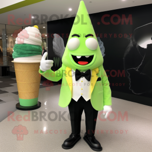 Lime Green Ice Cream Cone mascot costume character dressed with a Tuxedo and Bow ties