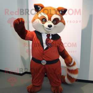 Rust Red Panda mascot costume character dressed with a A-Line Dress and Tie pins