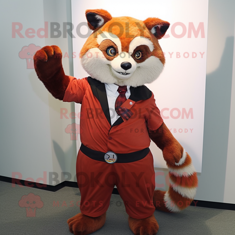 Rust Red Panda mascot costume character dressed with a A-Line Dress and Tie pins