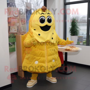 Yellow Lasagna mascot costume character dressed with a Parka and Earrings