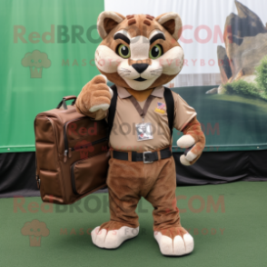 Brown Bobcat mascot costume character dressed with a Joggers and Briefcases