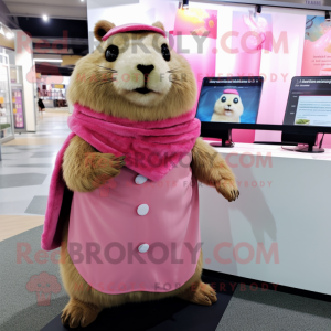 Pink Marmot mascot costume character dressed with a Blouse and Shawl pins