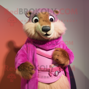 Pink Marmot mascot costume character dressed with a Blouse and Shawl pins