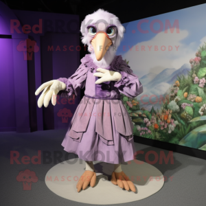 Lavender Vulture mascot costume character dressed with a Pleated Skirt and Gloves