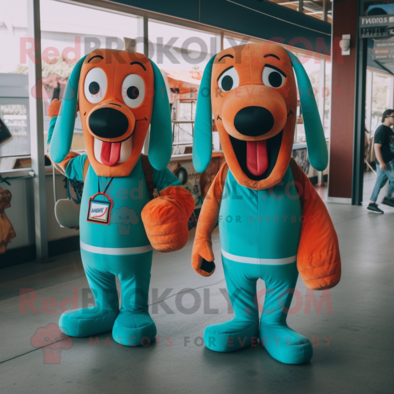 Teal Hot Dogs mascot costume character dressed with a Vest and Messenger bags