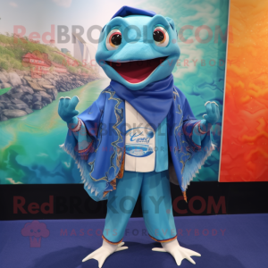 Blue Ceviche mascot costume character dressed with a Vest and Shawl pins