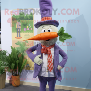 Lavender Carrot mascot costume character dressed with a Chambray Shirt and Lapel pins