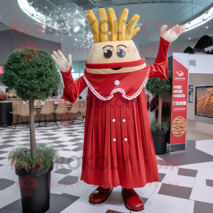 Red French Fries mascot costume character dressed with a A-Line Dress and Suspenders