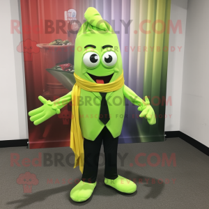 Lime Green French Fries mascot costume character dressed with a Blazer and Scarf clips