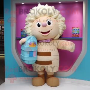 Beige Candy Box mascot costume character dressed with a Cardigan and Handbags
