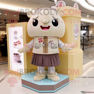 Beige Candy Box mascot costume character dressed with a Cardigan and Handbags