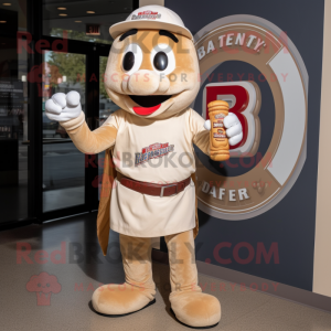 Beige Bagels mascot costume character dressed with a Henley Tee and Suspenders
