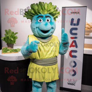 Cyan Caesar Salad mascot costume character dressed with a V-Neck Tee and Mittens