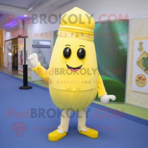 Lemon Yellow Lasagna mascot costume character dressed with a Suit Pants and Caps