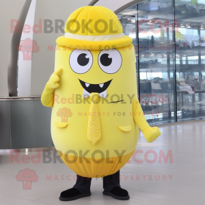 Lemon Yellow Lasagna mascot costume character dressed with a Suit Pants and Caps