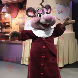 Maroon Ratatouille mascot costume character dressed with a Evening Gown and Mittens