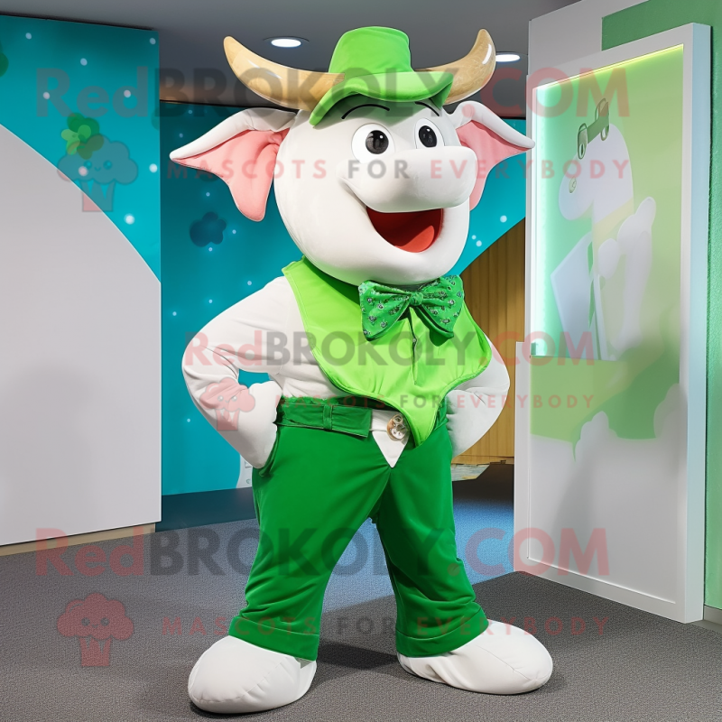 Green Beef Stroganoff mascot costume character dressed with a Bermuda Shorts and Bow ties