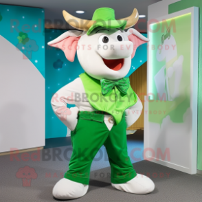 Green Beef Stroganoff mascot costume character dressed with a Bermuda Shorts and Bow ties