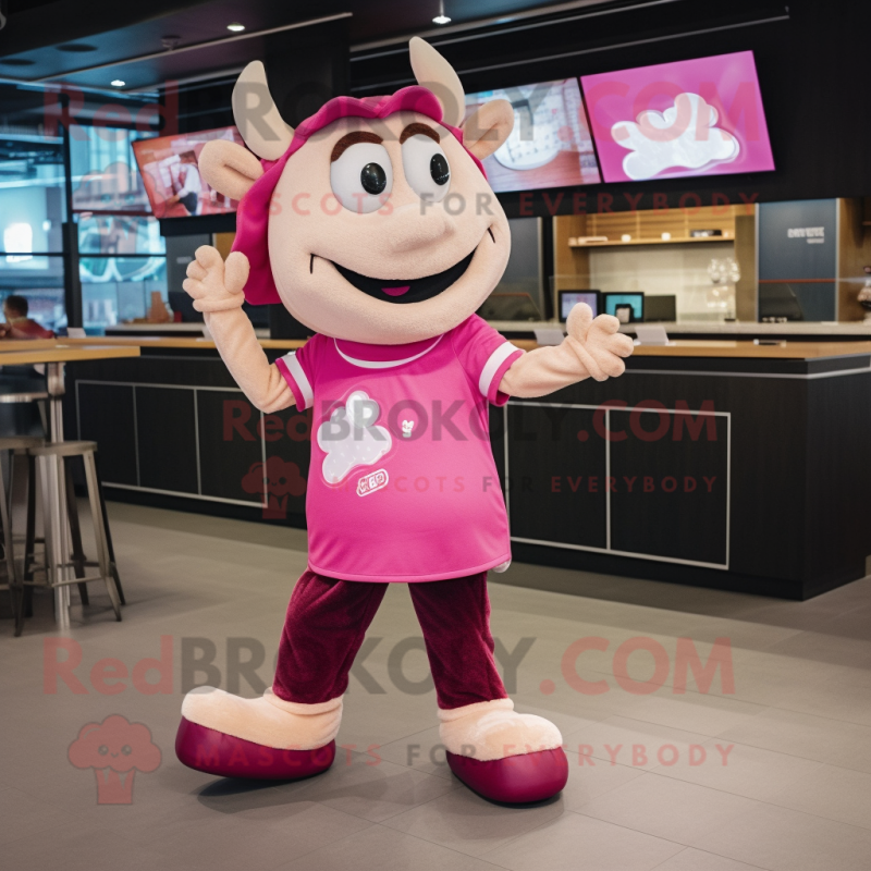 Pink Beef Stroganoff mascot costume character dressed with a Graphic Tee and Headbands