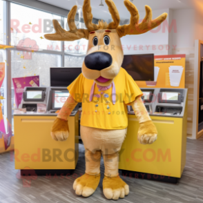 Gold Moose mascot costume character dressed with a Cardigan and Headbands