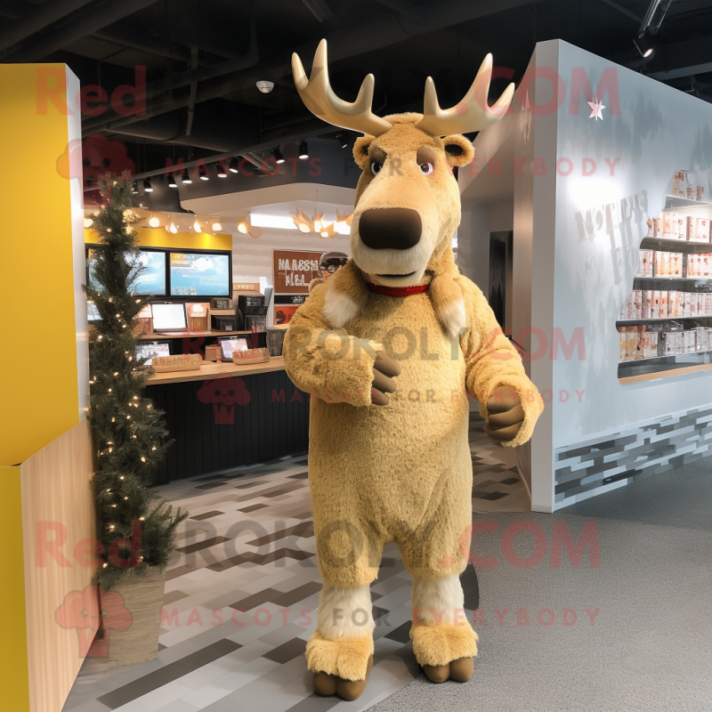 Gold Moose mascot costume character dressed with a Cardigan and Headbands