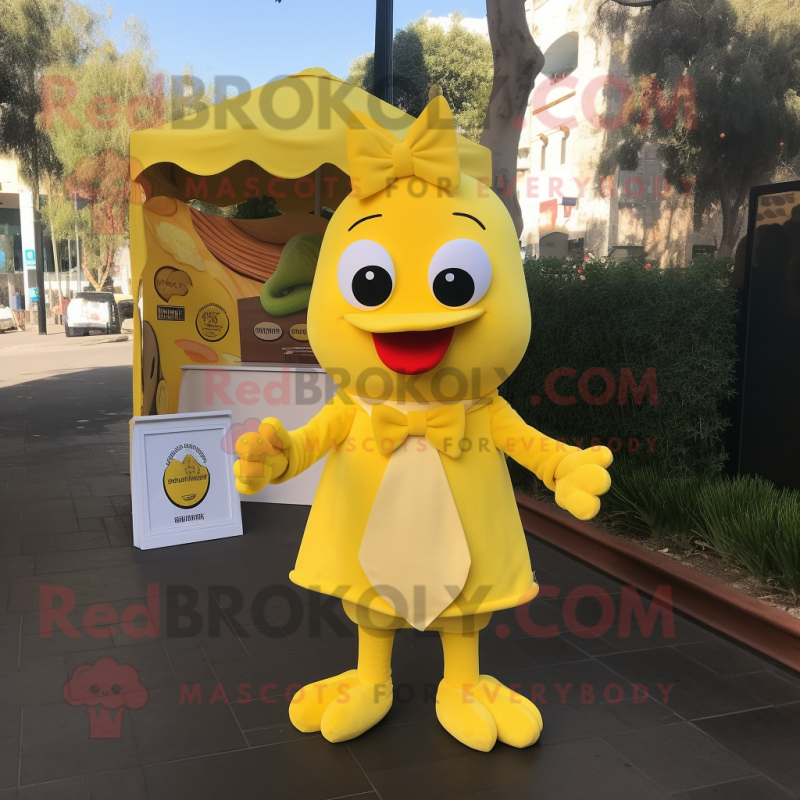 Lemon Yellow Butter Chicken mascot costume character dressed with a Long Sleeve Tee and Bow ties