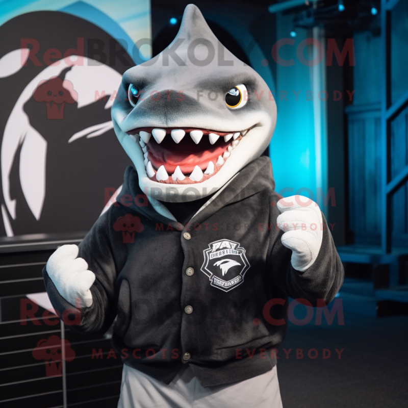Black Megalodon mascot costume character dressed with a V-Neck Tee and Scarves