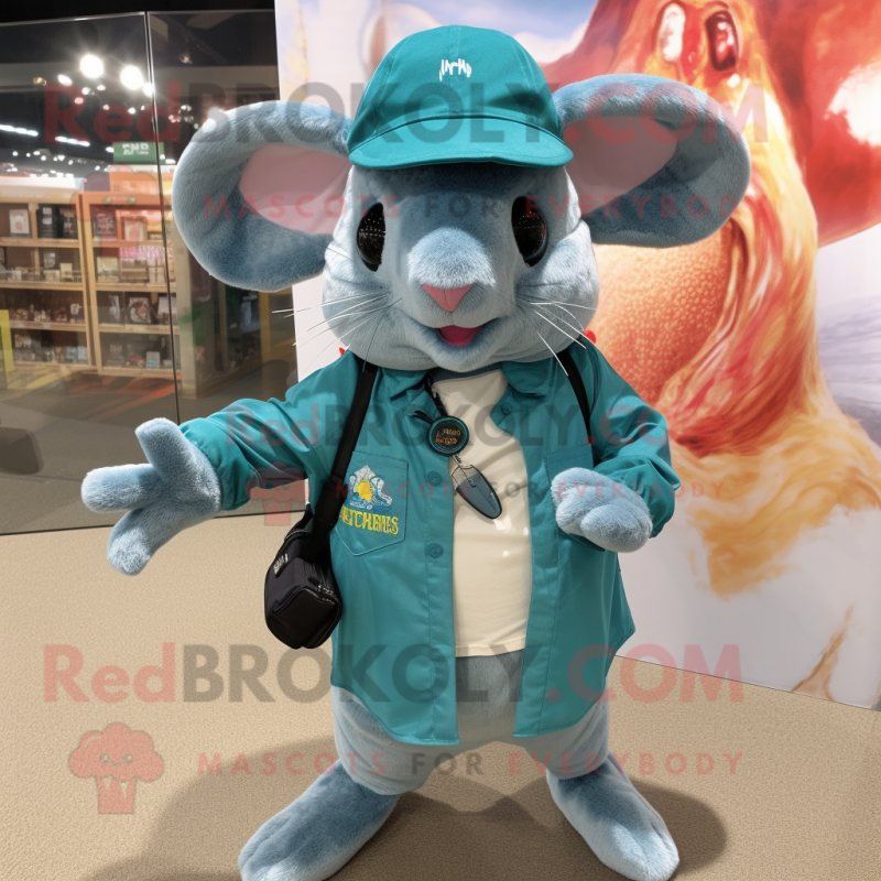 Teal Chinchilla mascot costume character dressed with a Denim Shorts and Cufflinks