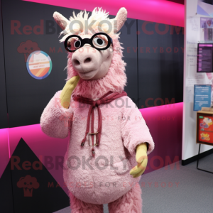 Pink Llama mascot costume character dressed with a Cardigan and Eyeglasses