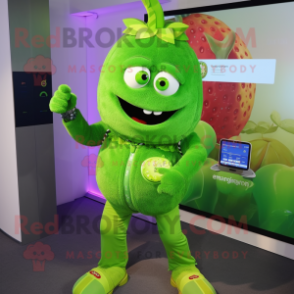 Lime Green Raspberry mascot costume character dressed with a Trousers and Digital watches