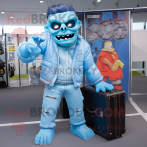 Sky Blue Frankenstein'S Monster mascot costume character dressed with a Bomber Jacket and Briefcases