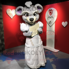 Silver Love Letter mascot costume character dressed with a Empire Waist Dress and Mittens