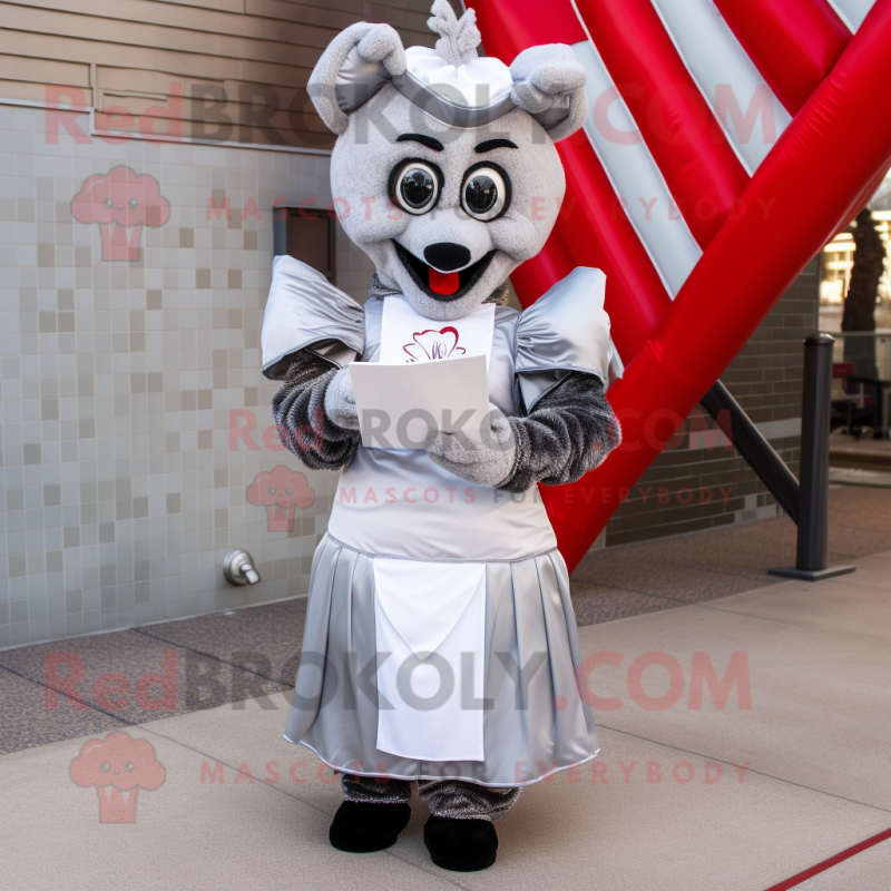Silver Love Letter mascot costume character dressed with a Empire Waist Dress and Mittens