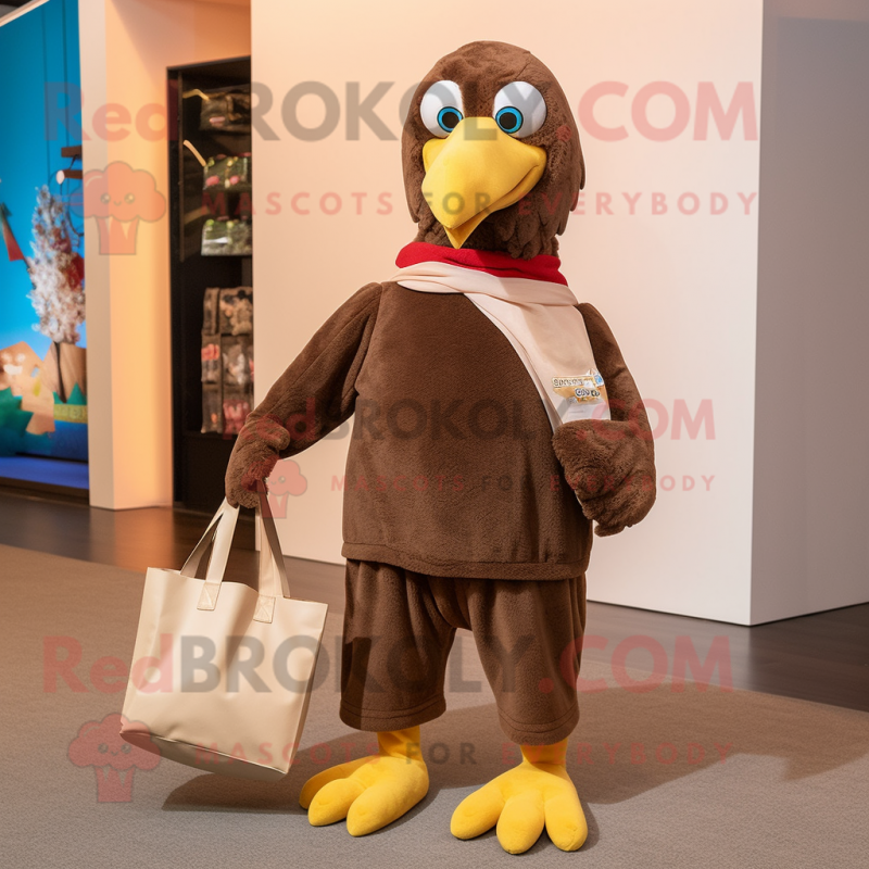 Brown Bald Eagle mascot costume character dressed with a Turtleneck and Tote bags