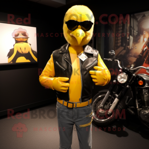 Yellow Gull mascot costume character dressed with a Biker Jacket and Bracelet watches