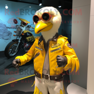 Yellow Gull mascot costume character dressed with a Biker Jacket and Bracelet watches