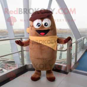 Brown Moussaka mascot costume character dressed with a Overalls and Scarves