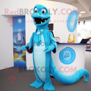 Sky Blue Hydra mascot costume character dressed with a Blazer and Rings