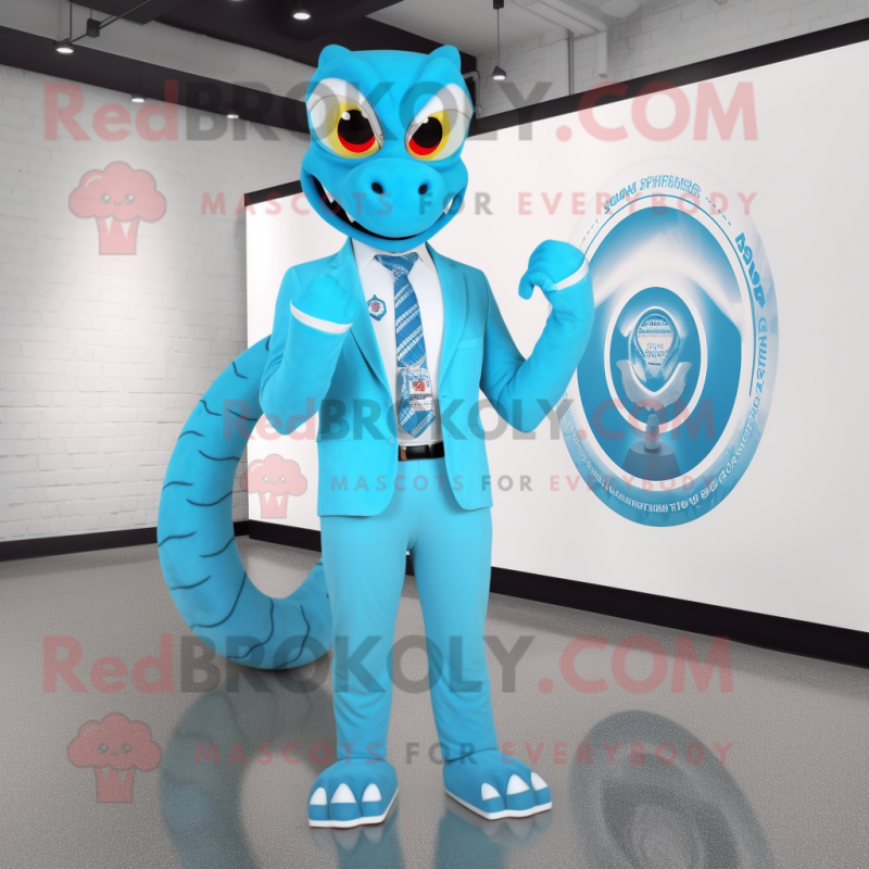 Sky Blue Hydra mascot costume character dressed with a Blazer and Rings
