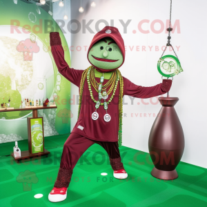 Maroon Green Beer mascot costume character dressed with a Yoga Pants and Necklaces