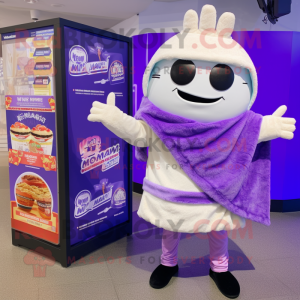 Lavender Ramen mascot costume character dressed with a Hoodie and Messenger bags