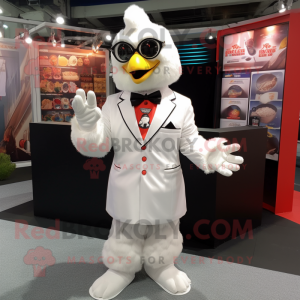 White Fried Chicken mascot costume character dressed with a Blazer and Gloves