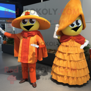 Orange Tacos mascot costume character dressed with a Evening Gown and Berets