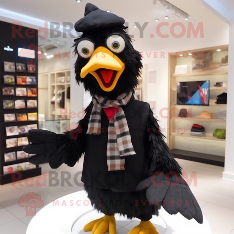 Black Chicken mascot costume character dressed with a Oxford Shirt and Scarf clips