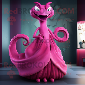 Magenta Hydra mascot costume character dressed with a Evening Gown and Wraps